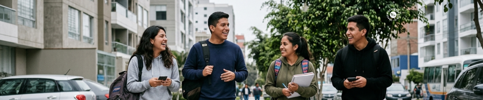 Grupo de cuatro estudiantes universitarios caminando y riendo en una calle de Lima, con mochilas y cuadernos - imagen generada con IA - descuentos para estudiantes en Perú - Todo Students